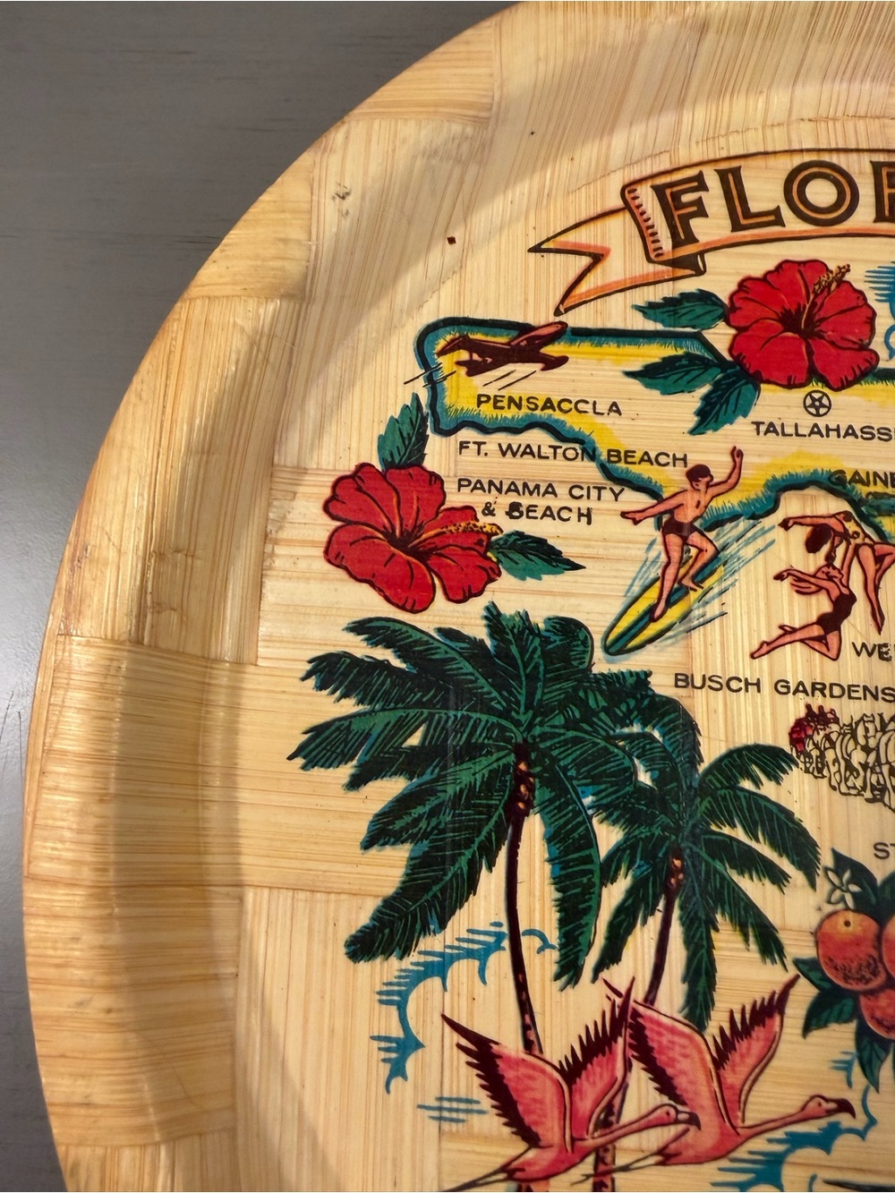 Vintage Florida Map Landmark Bamboo Tray 13" Round Souvenir Serving Platter - Picture 3 of 5